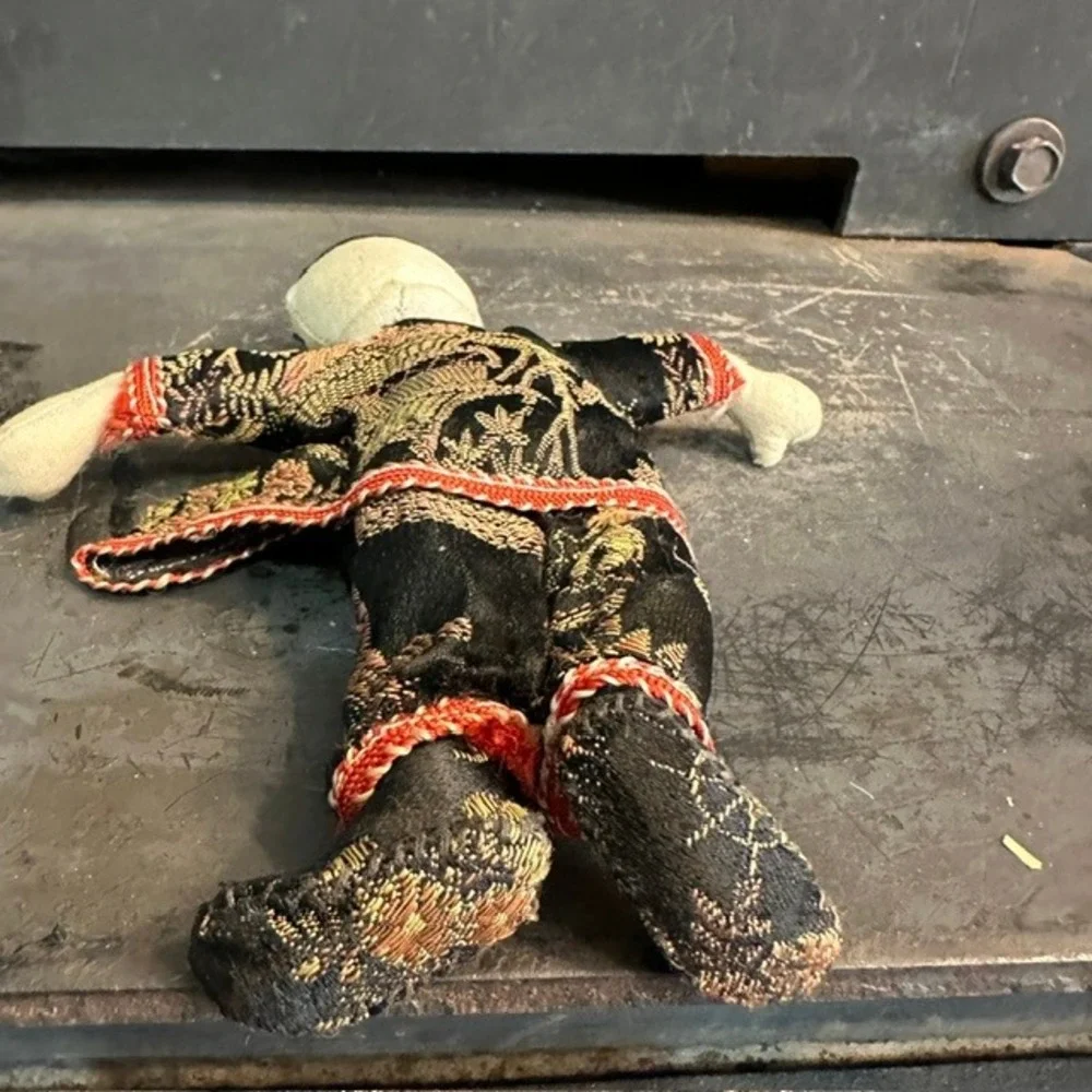 Vintage Chinese Cloth Dolls Set of 2 Orange Black Silk Brocade Folk Art 12in